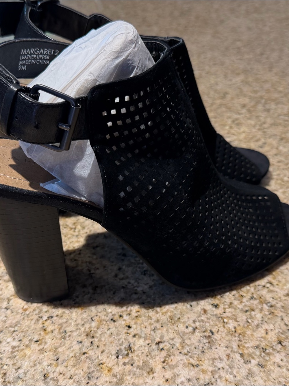 Tahari Margaret 2 Black Perforated Block Heel Sandal with Ankle Strap